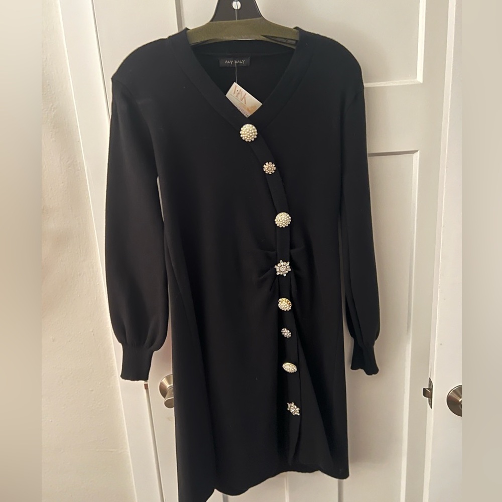 Black v neck sweater dress with buttons. O/S